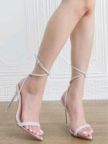 Tacones altos elegantes y modernos con punta en punta de color sólido, tacones de aguja de 10 cm con tacones altos de diamantes de imitación, adecuados para fiestas, reuniones, desplazamientos y otras ocasiones. - Plateado - Ver 5