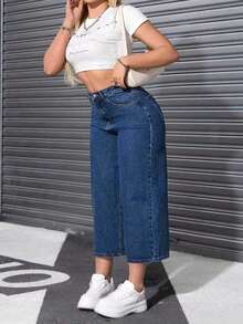 Jeans bleu marine grande taille à taille haute et jambes évasées, pantalon en jean délavé à taille élastique 7/8 longueur, décontracté pour le printemps - Jean brut - Voir 5