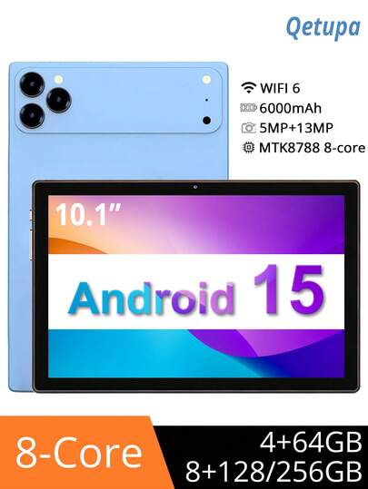  Qetupa 10.1英寸安卓15平板电脑，提供三种存储配置：4GB RAM + 64GB ROM / 8GB RAM + 128GB ROM / 8GB RAM + 256GB ROM（支持最高1TB SD卡扩展）。搭载MTK8788八核2.0GHz处理器，配备(1280x800) IPS触控屏、500万像素前置摄像头和1300万像素后置摄像头、6000mAh电池、蓝牙5.2、802.11ax Wi-Fi 6、GPS以及Type-C充电接口。不支持SIM卡。这款平板电脑轻巧便携、经久耐用，是商务人士和学生的理想之选。