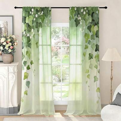2pcs Green Vine Leaf Pattern Semi-Blackout Curtains, No Drilling Rod Design, Rod Pocket Hanging, Fresh Spring Decor For Living Room, Kitchen, Home Decoration, Polyester Fabric, Machine Washable