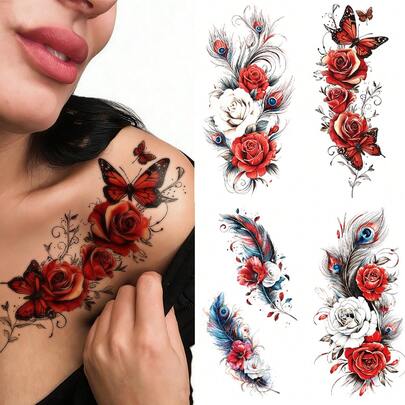 4 Sheets Big Size Body Art Temporary Tattoo Stickers For Women, Red Black Flowers Feather Butterfly Mixed Pattern, Waterproof Fake Tattoo, Lasts 2-5 Days, Covering Scars,Can Be Used On Arms Wrist Shoulders Legs Waist Neck Hand Chest Thighs Finger Ankle, Suitable For Parties, Gifts, Vacations, Body Decoration