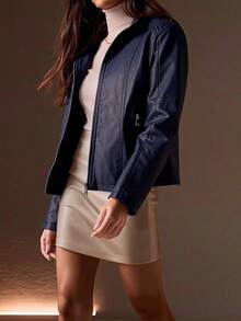 Giolshon Women Faux Leather Motorcycle Jacket - Asymmetric Zipper, Stand Collar, Suitable For Urban Streetwear And Commuting Style, Spring - Dark Blue - View 9