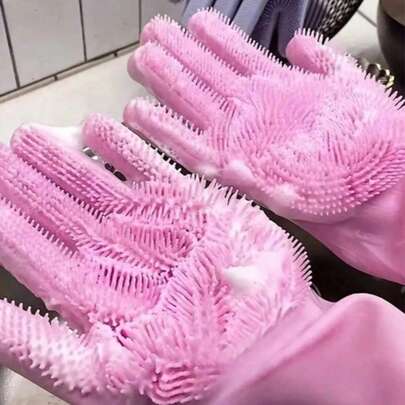 1 Pair Reusable Silicone Cleaning Gloves, Heat Resistant Dishwashing Gloves, Multi-Purpose Kitchen Gloves For Washing Dishes, Cleaning, Household Chores, Pet Bathing, Laundry, Etc.
