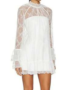Women See Through Long Sleeve Lace Mini Dress Ruffle Layered Sheer Lace Short Dresses Sexy Going Out Cover Up Dresses(No Lining) - White - View 5