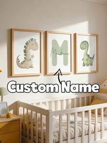 3pcs Customized Green Wall Art, Personalized Name, Wild Animals & Dinosaur Prints, Cute Animal Paintings, Decor For Boys Room, Bedroom, Unique Birthday Gift For Friends & Family, Frameless - Multicolor - View 19