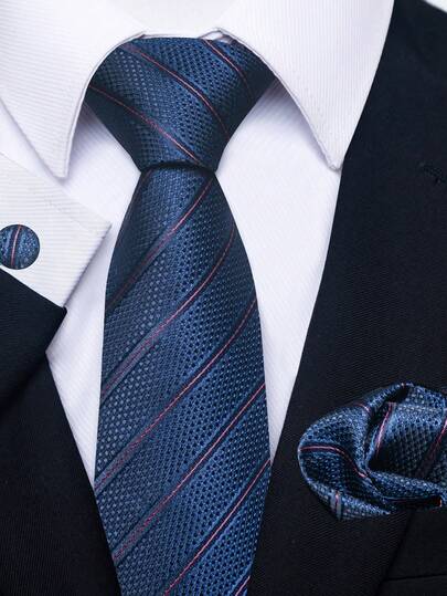 AlanKing 1 Set Navy Blue Tie, Pocket Square, Cufflinks, Striped Necktie 8cm, Suitable For Holidays, Weddings, Work