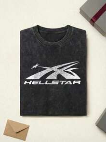 Y2K Streetwear Men, Shooting Star Logo Graphic Tee Unisex Couple Matching Hell Star Y2K Streetwear Aesthetic Acid Washed Cotton Oversized, Independence Day Star Tee,   For Men - 黑色 - 查看 3