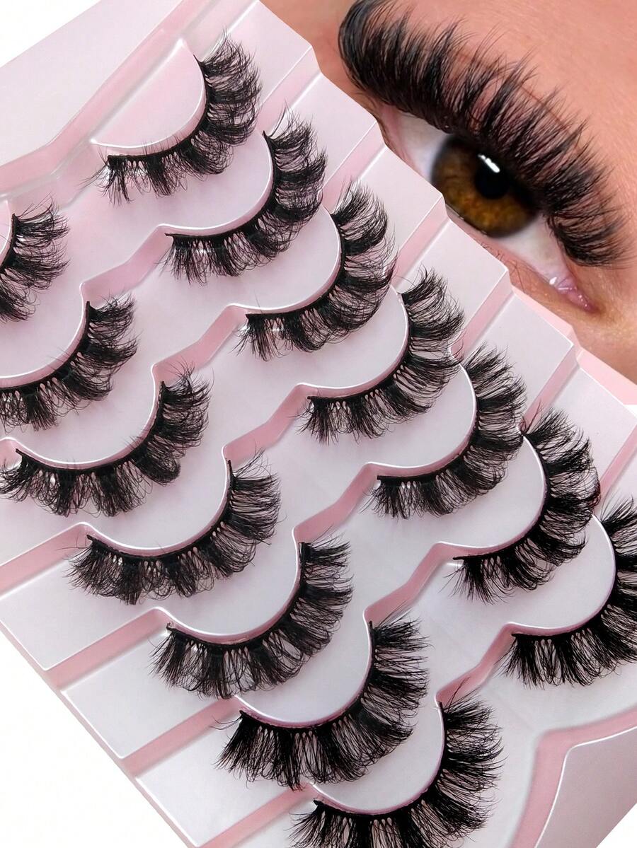 Hinarin 7 Pairs Russian Curl False Eyelashes Russian DD Curly Extension Volume Lifting Look Wispy Soft Faux Mink Fake Eyelash Strips For Festivals Parties Makeup