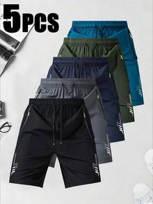 5pcs/Set Men's Loose Quick-Dry Sports Shorts, With Reflective Stripes, Pockets, Drawstring Waist, Suitable For Fitness, Running, Outdoor Activities In Summer - Multicolor - View 7