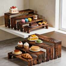 Set Of 8 Wooden Display Risers, 4-Tier Adjustable L-Shaped Step Shelves, Rustic Burnt Wood Countertop Organizer, Expandable Rack For Figurines, Perfumes, Skincare, Spices, Cupcakes, Farmhouse Kitchen Vanity Retail Decor - 8Pcs - View 2
