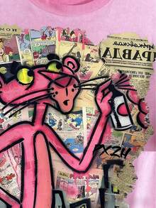 Pi Nk Pa Nt Her Retro Comic Collage Print Graphic Tees Men, Street Graffiti Vibe Graphic Tees, Skin-Friendly Pure Cotton Mens Clothes, Breathable Loose Silhouette Casual Versatile T-Shirt - Dirty Rose Red - View 2