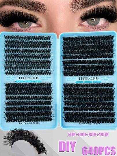 640PCS Clusters D Curl Fake Eyelashes High Capacity Suit For Thick Fluffy, Natural Look Eyes Makeup Beauty, DIY At Home Large Capacity Individual Eyelashes Book For Beginner Friendly, Starter, Makeup Artist, Soft And Long Lasting False Lashes