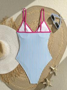 Bộ đồ bơi liền thân dệt kim kẻ sọc thanh lịch dành cho nữ với dây đeo mảnh và quần bikini, tạo nên vẻ ngoài thời trang cho bãi biển. - Nhiều màu - Xem 7
