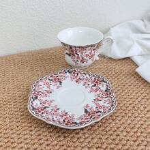 1pc Gold-Plated Red Floral Afternoon Tea Cup & Saucer Set, 200ml - Burgundy - View 11