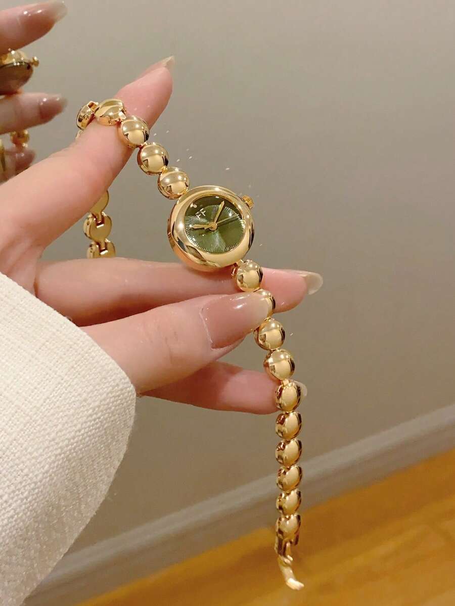 1 buah Jam Tangan Quartz Wanita Bulat Emas, Desain Minimalis yang Elegan, Cocok untuk Pemakaian Sehari-hari, Hadiah Ulang Tahun/Wisuda, dan Acara Santai - Emas - View 1