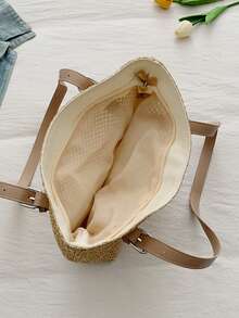 简约甜美草编大号手提包，新款时尚女士腋下编织沙滩包 - 卡其色 - 查看 10