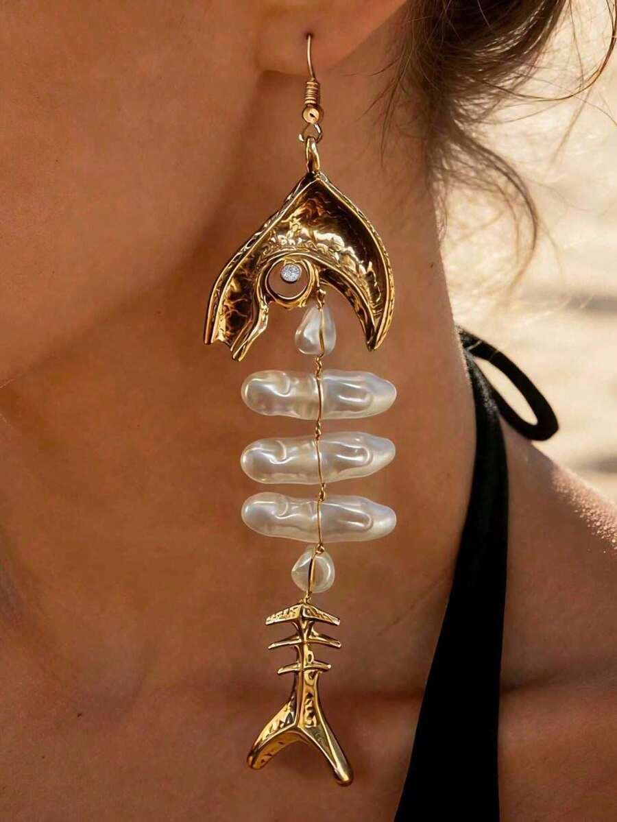1对女士休闲度假风海洋生物造型耳环，金属鱼头搭配不规则仿珍珠鱼骨，夸张海洋风垂坠耳环，日常佩戴及海滩配饰 - 白色+金色 - 查看 1
