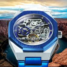 FORSINING 1 chiếc đồng hồ nam cơ tự động Tourbillon rỗng thời trang, kim dạ quang, dây đeo thép không gỉ, đồng hồ đeo tay doanh nhân nam. - Màu xanh lam - Xem 4