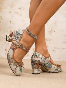 Spring And Summer Style, Random Animal And Floral Prints, Single Strap With Pin Buckle And Bowknot, Round Toe, Thick Heel, Rubber Sole, Vintage, Elegant And Fashionable, Women's Mary Jane High Heels, Suitable For Party/Wedding/Christmas/Autumn And Winter/Evening Dinner/Work/Back To School/Dating/Daily Wear/Dress Ball/Outdoor Activities - 棕色 - 查看 3