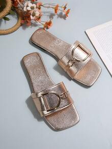 Sandalias planas de playa de estilo casual con puntera abierta, de unicolor, al estilo europeo, americano y del Medio Oriente, para mujer - Oro rosa - Ver 6