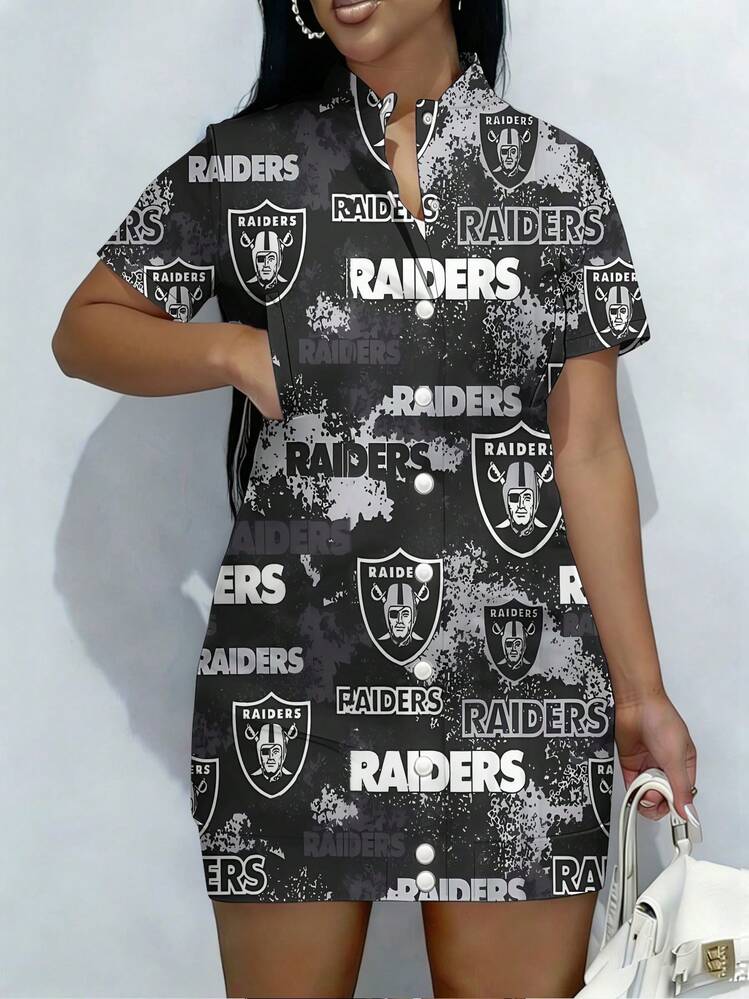 raiders dress for women Women's Las Vegas Black/Silver Game Day Costume Set 18% spandex Ra-Iders Name Womens Short Sleeves