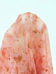 Women's Floral Print Ruched Waist Asymmetric Hem Midi Skirt, Vacation - Coral Pink - View 7