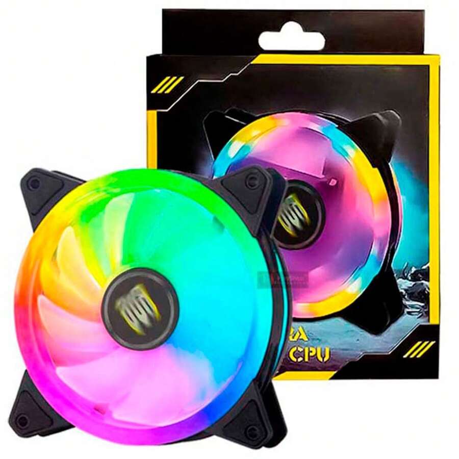PlayShop Electronics Cooler Fan LED RGB 12V Ventoinha Para Dissipador Gabinete e Cpu / Processador Gamer 120mm / 12cm De 1500 rpm, Conector 3 Pinos + 4 Pinos molex - RGB - Visão 1
