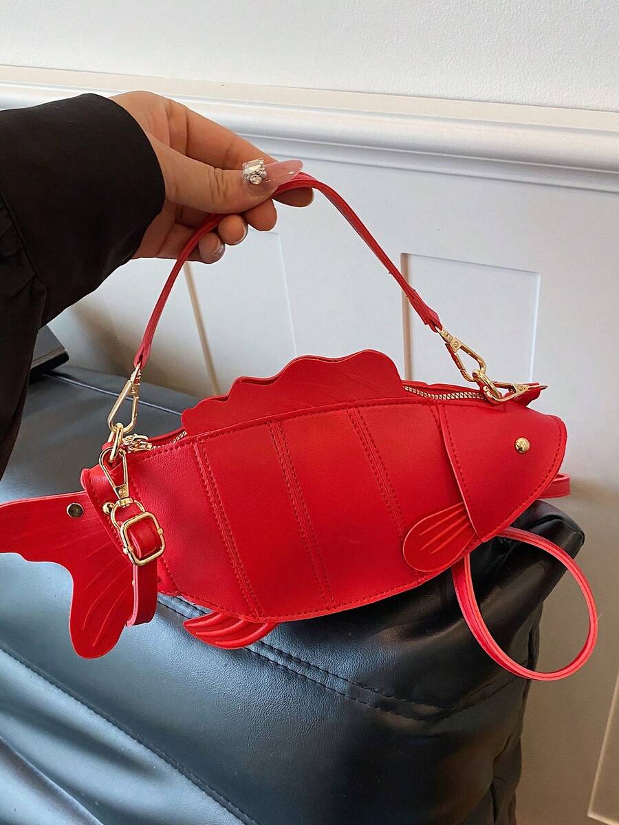 CONTAINEVERY Bolso de hombro creativo y lindo con diseño de pez dorado estilo Y2K, bolso asimétrico único y bolso cruzado para mujeres - Rojo - Ver 1