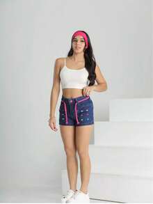 Premium Denim Shorts With Drawstring, Button Closure, And Pockets For Girls/Teenagers/Girls With Floral Print - Premium Style - Màu xanh lam - Xem 5