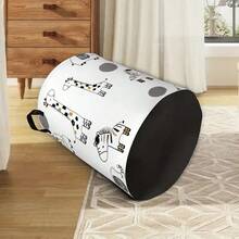 1PC Minimalist Line Art Giraffe, Zebra, And Lion Patterned Laundry Basket, Portable Round Storage Bin, Multipurpose Baby Toy Storage, Children's Bedroom Decoration - Black and White - View 3
