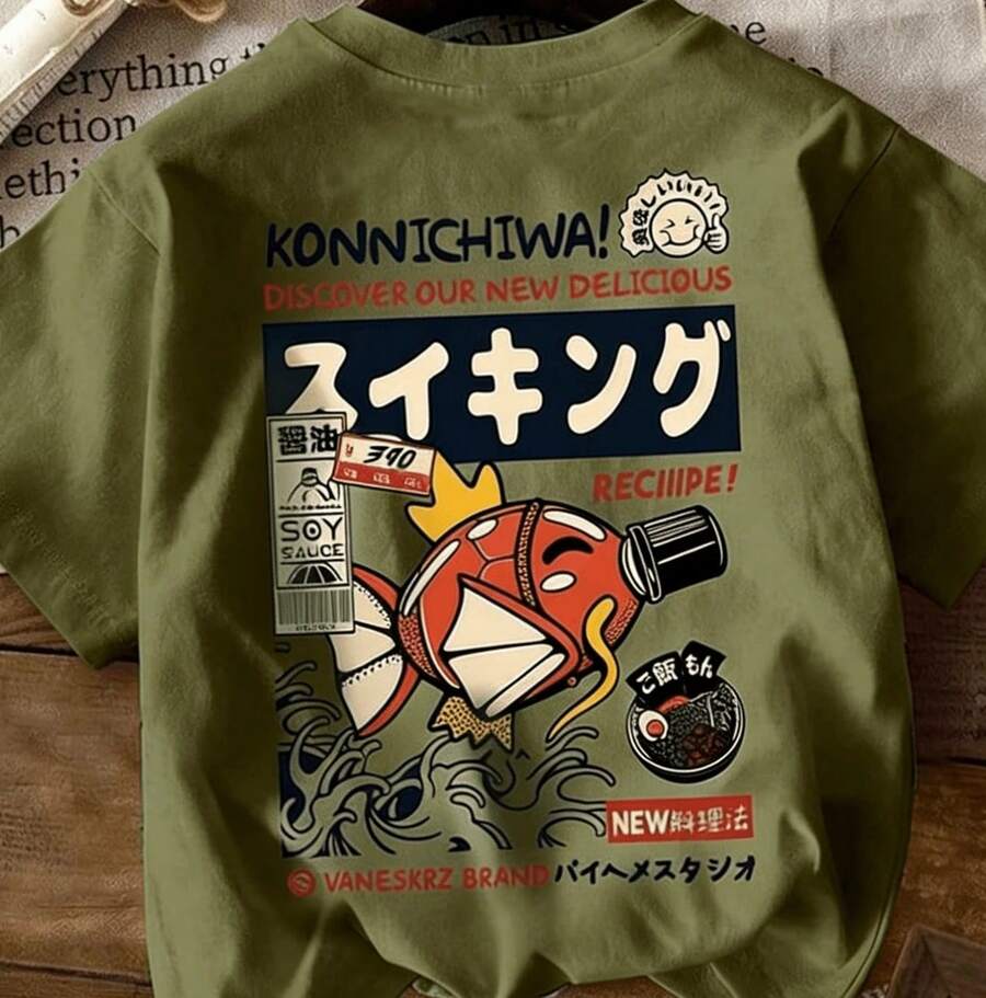 Summer Clothes WomenNEON DUSK Men's Light Green Cartoon Fish, Letter, Ramen, Number Print Crew Neck Short Sleeve T-Shirt, Casual Daily WearLoose And Comfortablespring Top - 綠色 - 查看 1