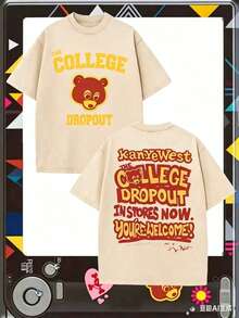The College Dropout Bear & "KanyeWest THE COLLEGE DROPOUT IN STORES NOW" Graphic Printed Casual Style Men's Casual Wear 230g Washed Cotton Round Neck Short Sleeve Comfortable & Breathable Double - Sided Printed Tee For Summer High - Quality Design - 杏色 - 查看 1