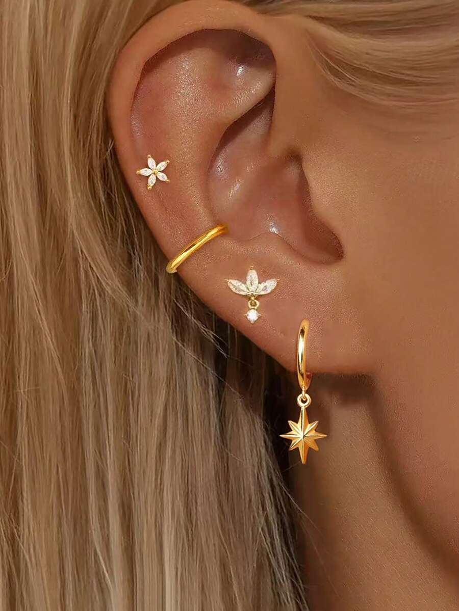 Bộ 4 khuyên tai hình hoa đính đá lấp lánh cho nữ, chất liệu Zirconia, mạ vàng 18K, làm từ thép không gỉ, thích hợp cho các dịp đi nghỉ mát hoặc dự tiệc. - 1-Vàng-4 CÁI - Xem 1