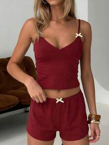 DOUCIU Solid V-Neck Bow Cami & Short Casual 2 Pieces Sets Daily Street Beach Vacation - Red - View 1
