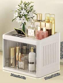 Multi-Functional Foldable Storage Box, Assembled Desktop Dual-Door Cosmetic Organizer Box, Large Capacity Waterproof Dustproof Plastic Storage Container, Suitable For Desktop, Bedroom, Bathroom, Jewelry, Cosmetics, Home Decor, Bathroom Decor - Multicolor - View 13