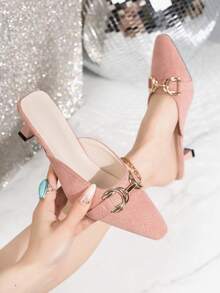 Giày sandal cao gót nữ kiểu dáng thanh lịch, giản dị, mũi nhọn, khóa kim loại, dành cho mùa xuân/hè. - Hồng - Xem 3