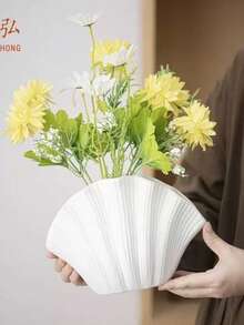 Modern Shell Vase For Home Decor – Elegant White Flower Vase With Fluted Texture, Perfect For Living Room, Bedroom, Office, Table Centerpiece, Wedding, Boho & Minimalist Style, Single Piece - A - View 3