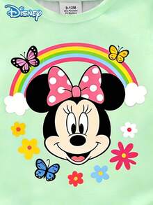 Disney Summer 2pcs Baby Girls Cute Minnie Mouse Print Short Sleeve T-Shirt And Shorts Set, Casual Children Daily Basic Floral Print Knit Round Neck Tee And Elastic Waist Pants, Outdoor Holiday Outfit - Mint Green - View 6