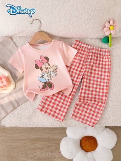  Disney Baby Girl 2pcs Set Summer Cute Minnie Mouse & Puppy Print Short Sleeve Pajamas Set, Casual Children Daily Homewear Basic Solid Color Round Neck Tee & Elastic Waist Long Pants