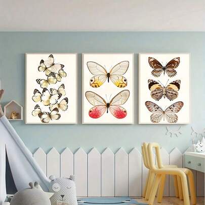 3pcs 2D Flat Art Prints, Set Of 3, Canvas Paintings, Colorful Butterfly Wall Stickers Decorations. Suitable For Home And Craft Room Decor, Perfect For Household Adornment, And Ideal For Decorating Living Rooms, Bedrooms And Nurseries.