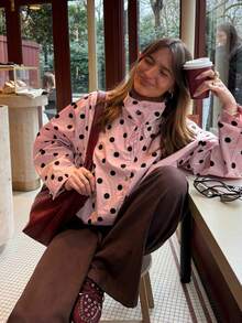 Chaqueta casual de mujer de manga larga con lunares, estilo suelto, con cuello alto, botones y color rosa para primavera - Rosa - Ver 4