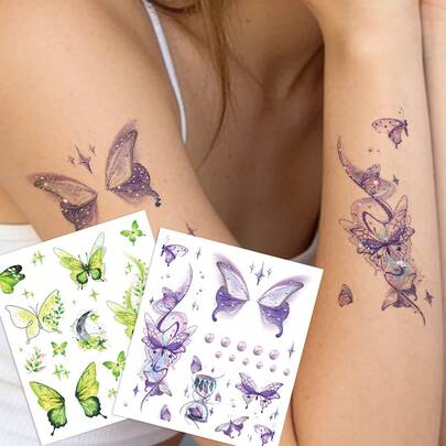 STARTTOOS Glitter Ombre Temporary Tattoos - Minimalist Forest Green/Dreamy Purple Butterfly & Leaf Patterns, Y2K Style, Suitable For Wrist, Ankle, Shoulder, Neck, Collarbone, Waterproof Realistic Tattoo Stickers For Music Festivals, DIY Anime Events, Carnivals, Valentine's Day, Party Gifts