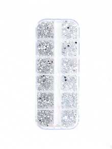 Bộ dụng cụ trang trí móng tay 12 ô đính đá bạc, hộp đựng trang sức. - Bạc - Xem 4