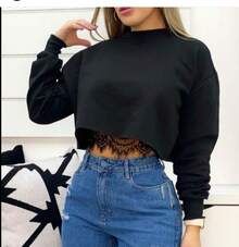 Long-Sleeved Cropped Top. Super Versatile - Goes Well With Jeans, Skirts, Shorts, And Wide-Leg Pants. - 黑色 - 查看 4