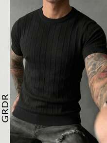 GRDR Men's Summer Round Neck Ribbed Short Sleeve Knit Sweater, Suitable For Summer Outings, Essential For Fashionable Styling - Black - View 2