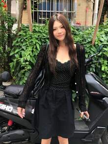 韩式极简波点修身蕾丝边吊带背心，休闲黑色夏季款 - 黑色 - 查看 6
