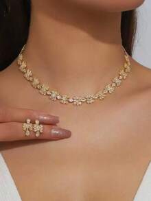 闪亮水晶新娘首饰套装，水钻项链和吊坠耳环，适合婚礼/毕业新娘及伴娘佩戴 - 金色 - 查看 1