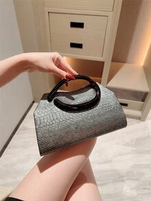 1个复古蛇皮纹手拿包，欧美时尚金属装饰迷你盒式派对手提包，闪亮金属饰边女士晚宴包，优雅奢华，适合正式场合、派对、婚礼、舞会、晚宴等。 - 灰色 - 查看 3