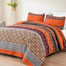 3 Pieces Burnt Orange Soft Striped Bedspread Quilted Coverlet Set Double Queen King Size Boho Bedding Sets (1 Quilt + 2 Pillow Cases), Fashion Floral Plaid Boho Design, Fresh & Minimalist, Comfortable Soft Breathable, Suitable For Wedding Items, Valentines Day Home Bed Room Decor, Mothers Day Gift, All Season - 橘色 - 查看 1