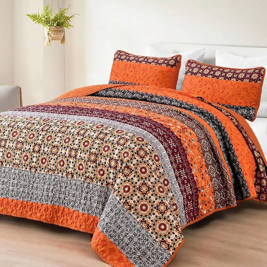 3 Pieces Burnt Orange Soft Striped Bedspread Quilted Coverlet Set Double Queen King Size Boho Bedding Sets (1 Quilt + 2 Pillow Cases), Fashion Floral Plaid Boho Design, Fresh & Minimalist, Comfortable Soft Breathable, Suitable For Wedding Items, Valentines Day Home Bed Room Decor, Mothers Day Gift, All Season - 橘色 - 查看 1